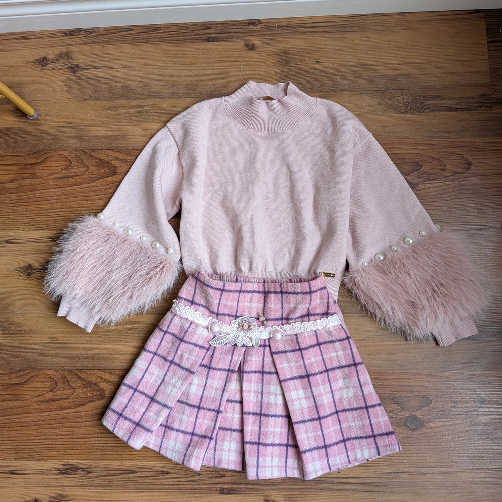 Beautiful Girl's Pink Faux Fur Cuff Sweater with Plaid Mini Skirt Set